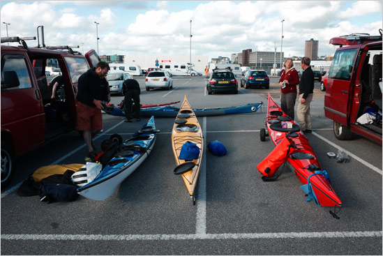 loading kayaks in the parking lot at Plymouth ferry terminal.. left vans there and wheeled the kayaks on board.. much cheaper and far more fun than taking a vehicle across
