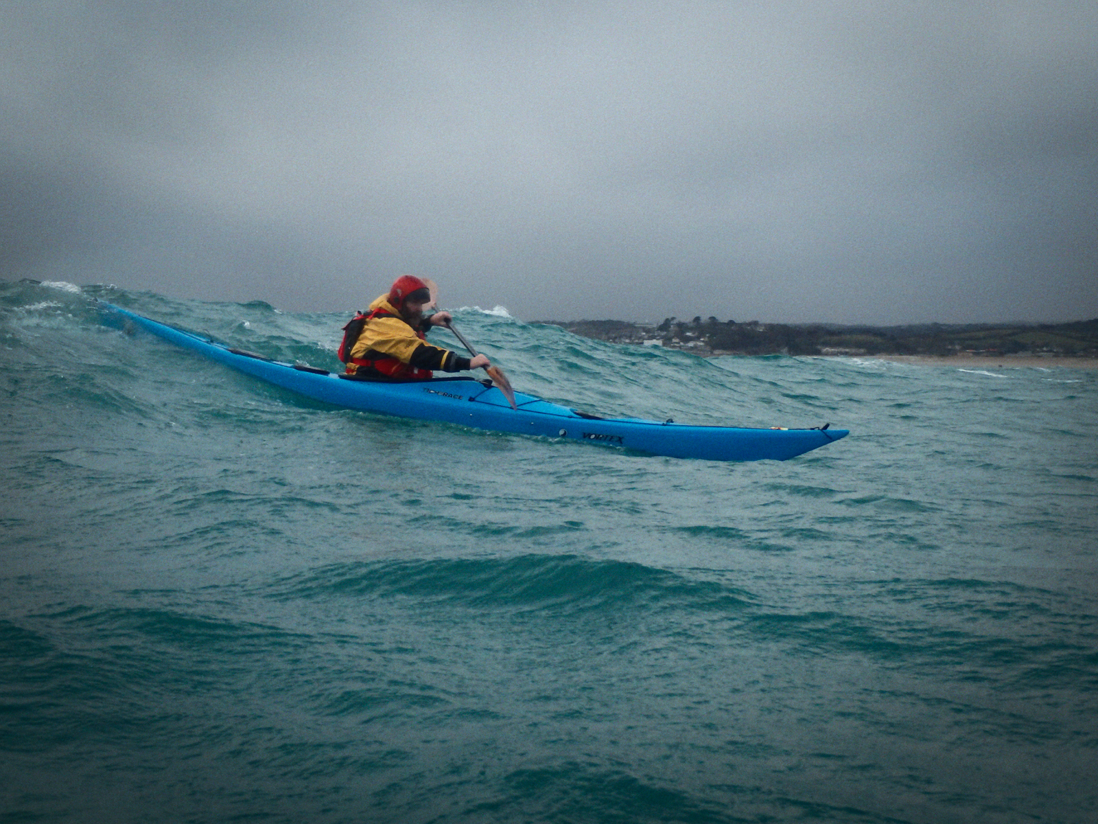 Mounts Bay is a terrific play spot with a south or south westerly gale, being very shallow for a long way out to sea with numerous reefs and banks the waves build a half km or more offshore so producing terrific, long, spells of surf before the waves finally throw you and your kayak at the beach as they dump on the steep shingle shelf.