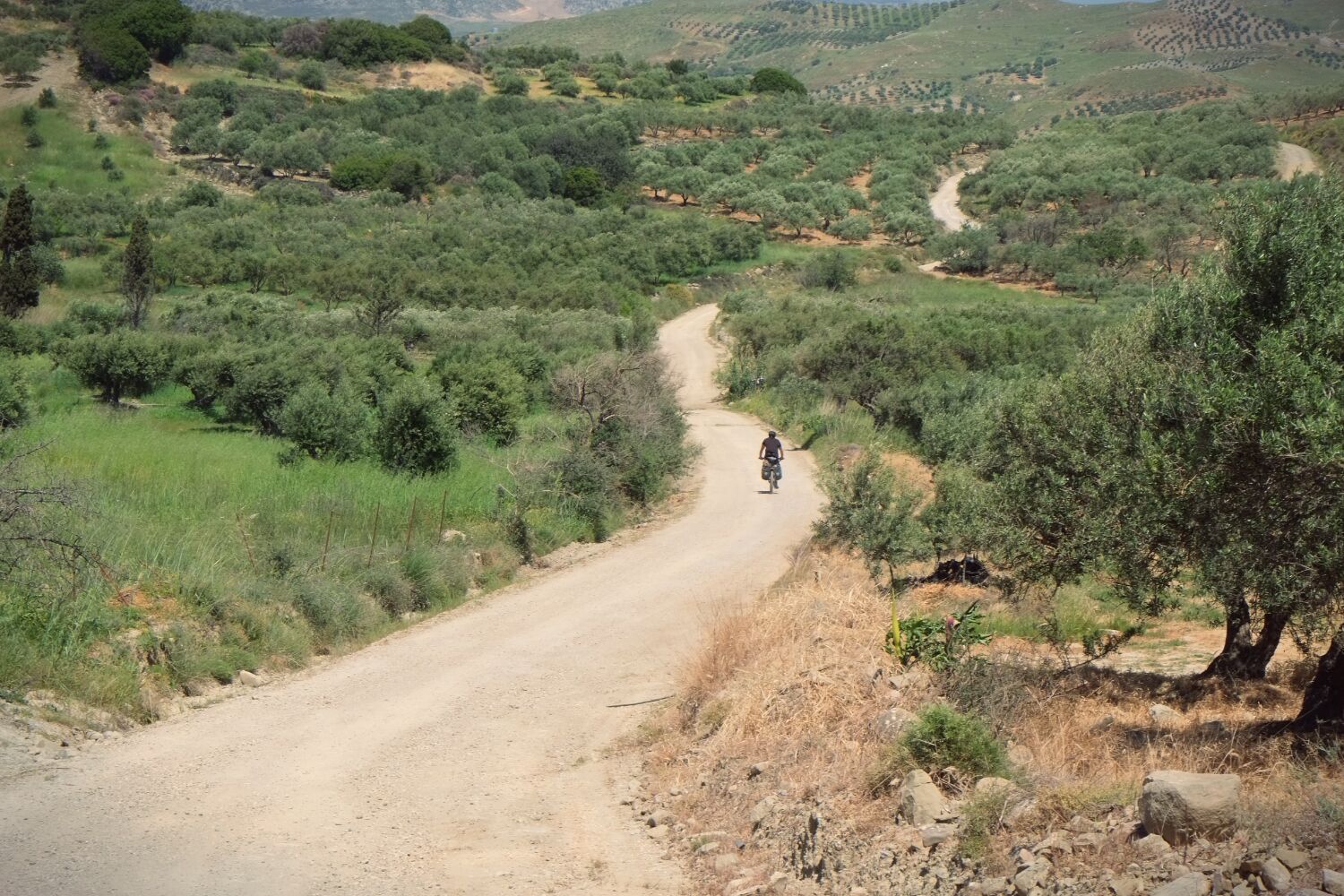 The reward for the climbing, aside from great views,... a long, fast descent to the valley at Pervola.