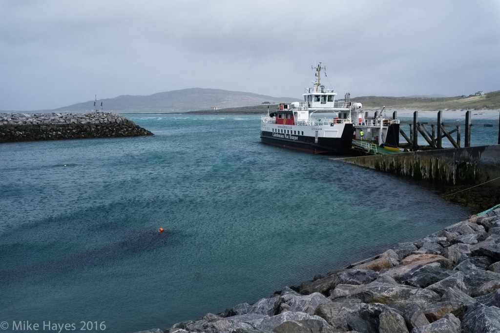 The Barra - Eriskay ferry. It's about 45 minutes across the Sound of Barra. From there all the islands: Eriskay, South Uist, Benbecula, North Uist, and Berneray, are joined by causeways. From Berneray another ferry makes a tortuous journey hour-long journey across the Sound or Harris.