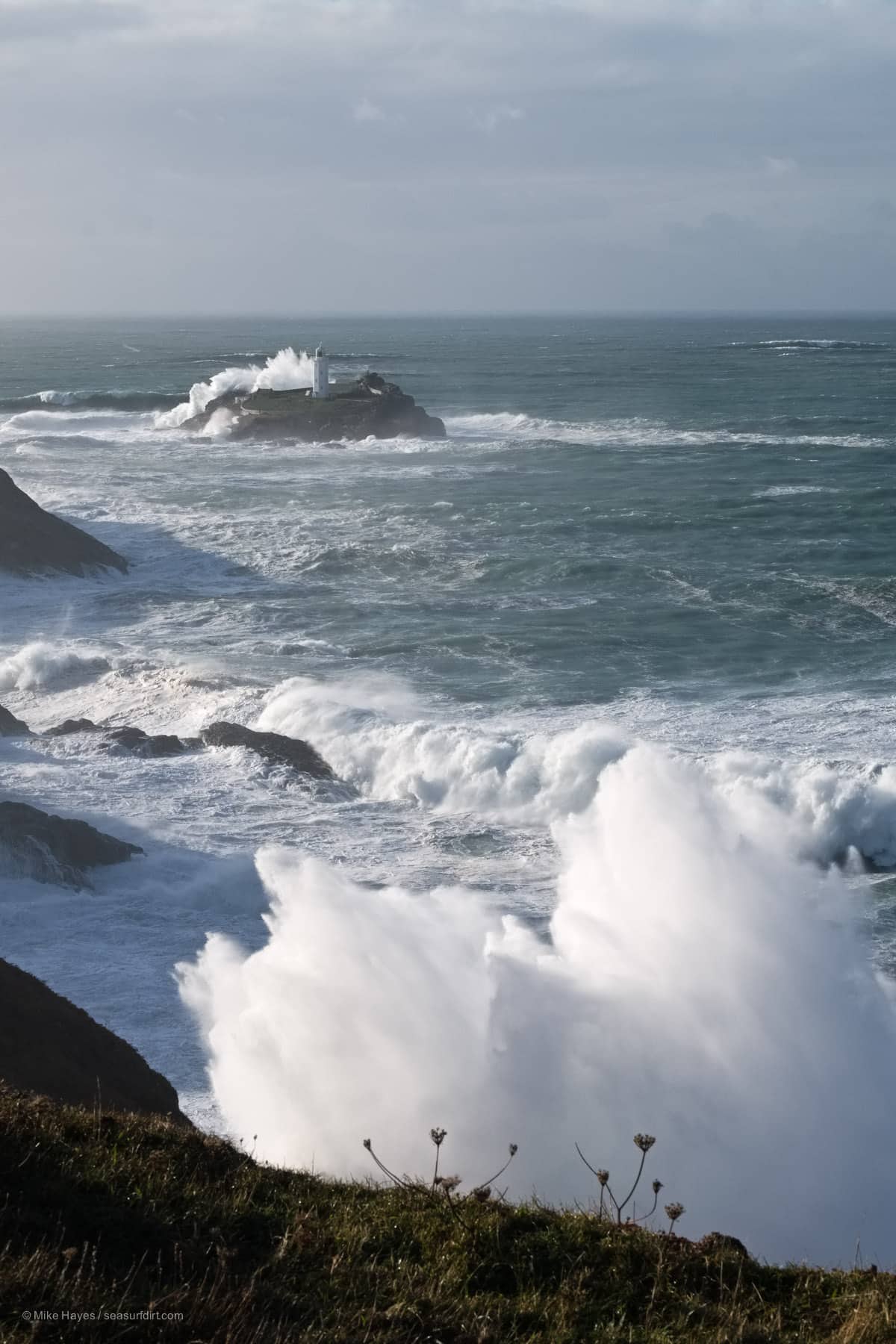 stormy weather and giant waves near Godrevy, Cornwall